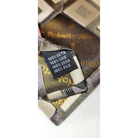 Roberto Villini Collsezione Necktie 58"x4" 100% Silk Tie Geometric Tan Gold - Picture 8 of 8